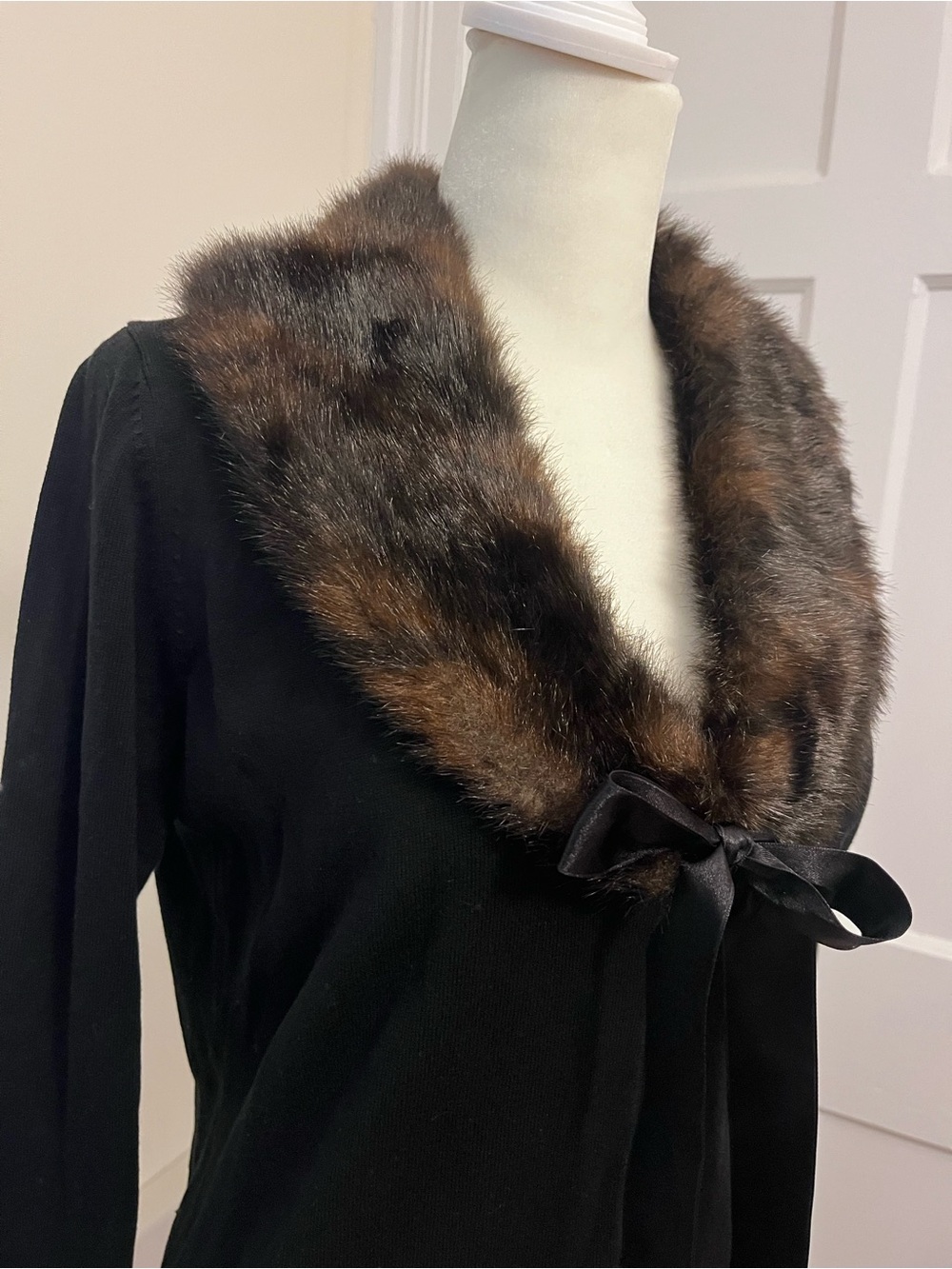 Black esprit Cardigan with Brown Faux Fur Collar